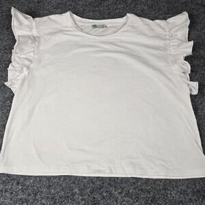 Zara White Ruffle Cap Sleeve Tee Crew Neck Top Small Size: Small
